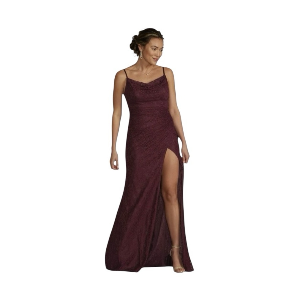 David’s Bridal Galina Signature Wine Lace Draped Cowl Neck Maxi Dress Sz 6